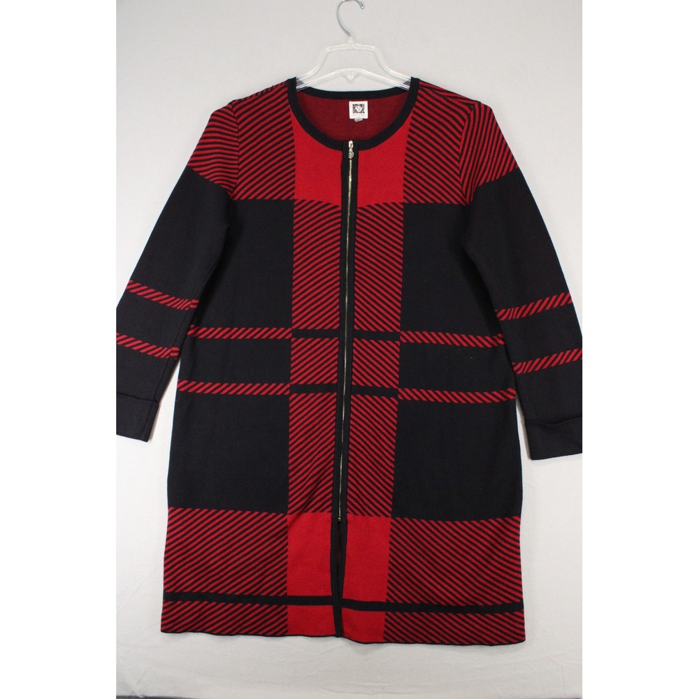 Anne Klein Cardigan Sweater Duster Women L Red Black Plaid Full Zip Knit Preppy